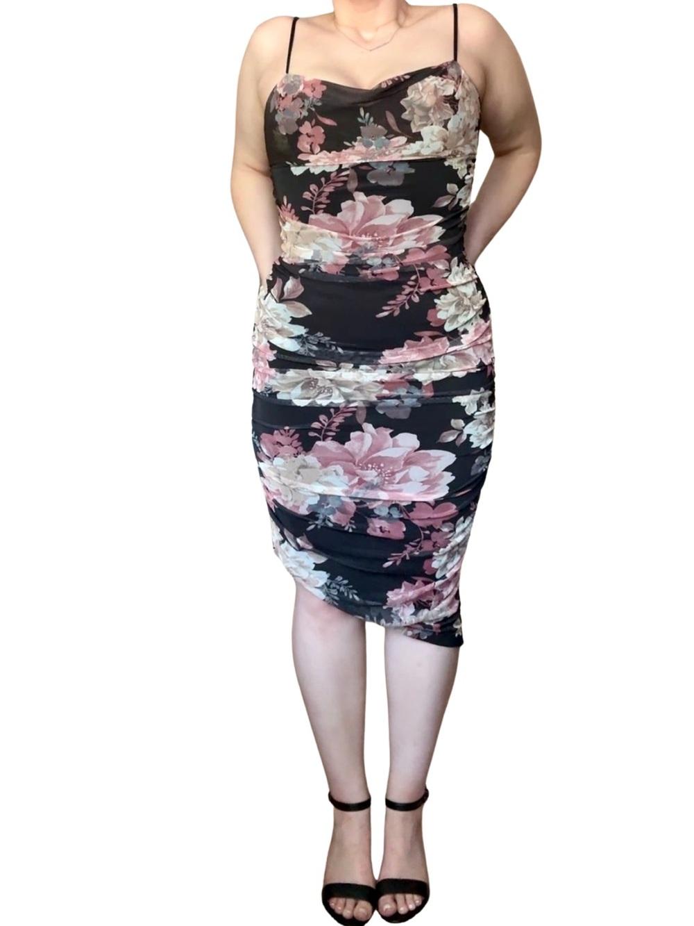 Emerald Sundae Floral Ruched Midi Dress Size L Cowl Neck Mesh Party Dress
